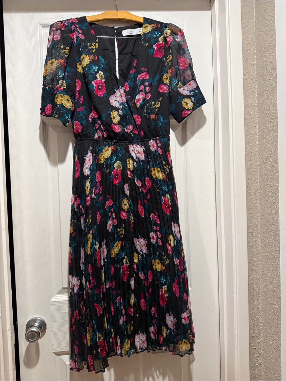 ALI & JAY Black Midi Dress with Pink, Yellow & Teal Floral Print